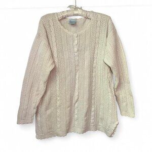 Cascade Blues Cream Off White Cottagecore Grandpacore Cable Knit Button Sweater
